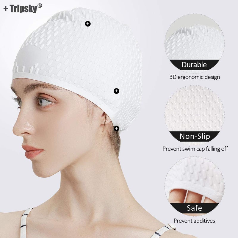 Tripsky Silicone Swim Cap,Comfortable Bathing Cap Ideal for Curly Short Medium Long Hair, Swimming Cap for Women and Men, Shower Caps Keep Hairstyle Unchanged (White) - Image 4